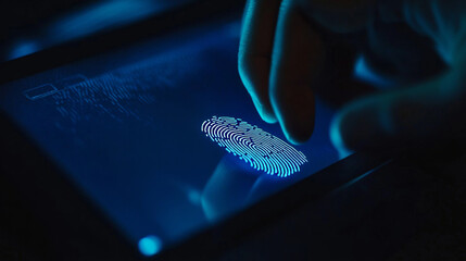 A user logging in or signing in with fingerprint scanning technology on a laptop, ensuring secure encryption and access to the user's private information for safe internet access.



