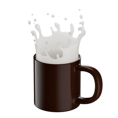 milk splash in mug isolated on a white background. 3d render