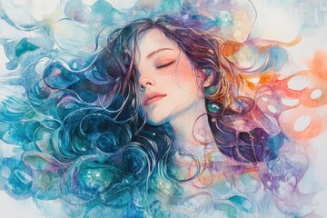 Serene Woman in Colorful Abstract Art