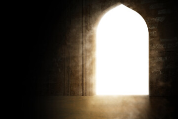 White archway of mosque door with shining light through it