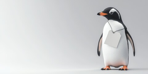 Obraz premium Playful Penguin on Discount: Cute Penguin Animal Standing on Sale Tag, Gray Background - Fun Wildlife Concept for Marketing Designs