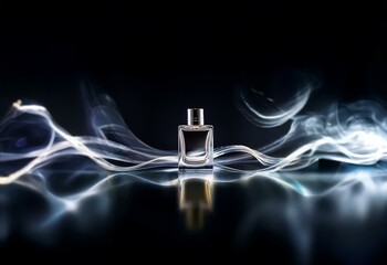 A glass bottle of perfume stands alone on a black background with streaks of white smoke around it.