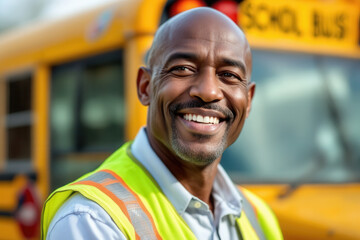 Close-up environmental portrait of a friendly school bus driver standing in front of a yellow school bus outdoors.