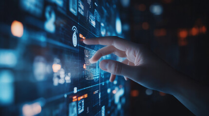 Obraz premium Action plan concept: A person interacting with an icon on a virtual screen that represents an action plan, focusing on business and marketing objectives, strategy, and implementation. This visual high