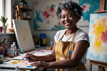 Naklejka premium Woman artist in her studio holding a paintbrush surrounded by colorful paintings and art supplies