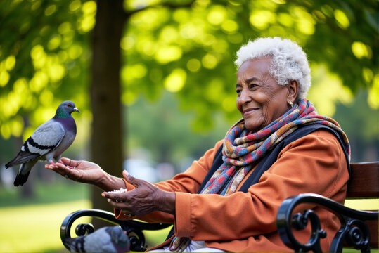 Elderly woman with white hair sitting on a bench in a park feeding a pigeon from her hand
