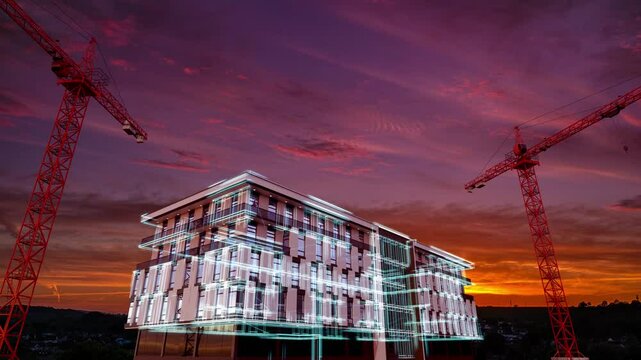 Visualization of a building business center on a construction site. Augmented reality at the construction site.