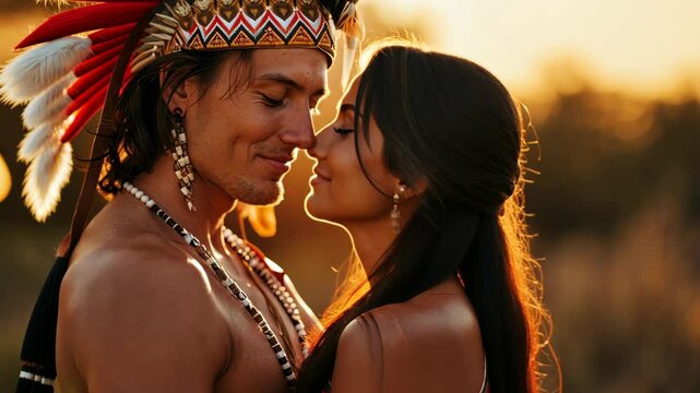 A couple in traditional attire looks lovingly into each other's eyes during a sunset ceremony