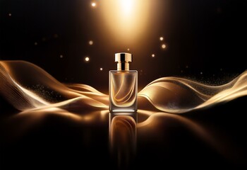 A perfume bottle with a gold cap sits atop a wavy, shimmering surface.