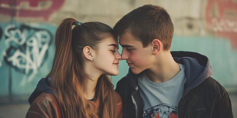 Young teen couple on their first date. Teenage boy and teenage girl celebrating Valentine's Day. Boyfriend and girlfriend spending time together outdoors. First love concept.