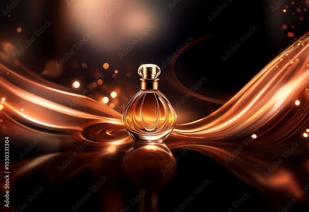 Poster a glass bottle of perfume sits on a dark background with a blurry, abstract design of swirling lines
