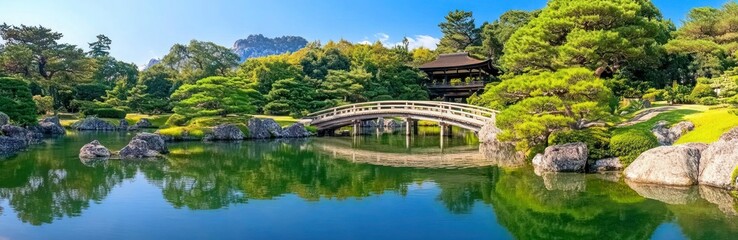 Tranquil Japanese Garden with Wooden Bridge, Green Trees and Calm Waters - Peaceful Harmony with Nature Panoramic Photography