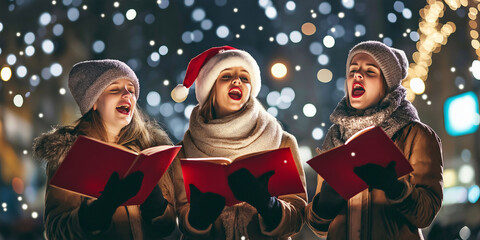 Naklejka premium Three cheerful friends doing door-to-door carol singing on Christmas eve. Group of young people caroling on the street during festive holidays. Traditional Christmas activities.