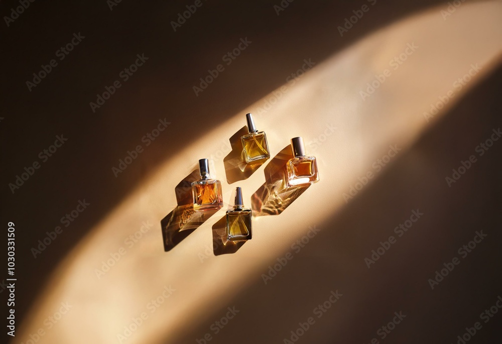 Poster Four small perfume bottles on a beige background with sunlight and shadows.