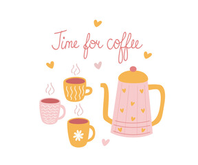 Coffee time vector illustration design with coffee cups and pot for fabric, wrapping, textile, wallpaper