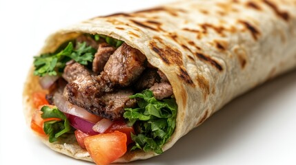 Deliciously grilled steak wrapped in warm flatbread with fresh vegetables, creating a mouthwatering culinary delight