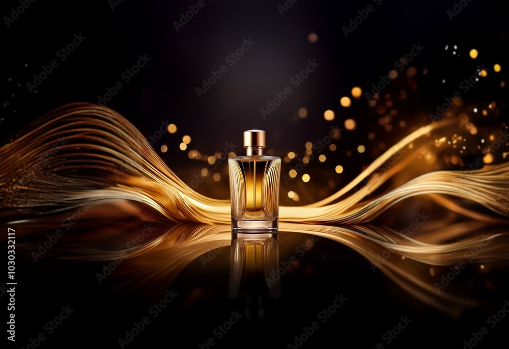 Aufkleber A glass bottle of perfume sits on a dark, reflective surface.  Golden lines create a soft wave behind the bottle.