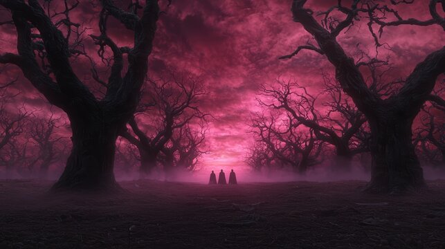 Enchanted forest scene with vampires peering through crimson mist and distorted trees creating an eerie and surreal ambiance