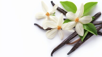 Vanilla flower and pods with leaves on a white background