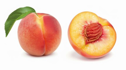 Peaches with green leaves on white background