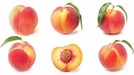 set of peaches with green leaves on white background