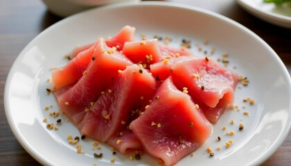 Fresh sashimi slices served on a white plate with sesame seeds