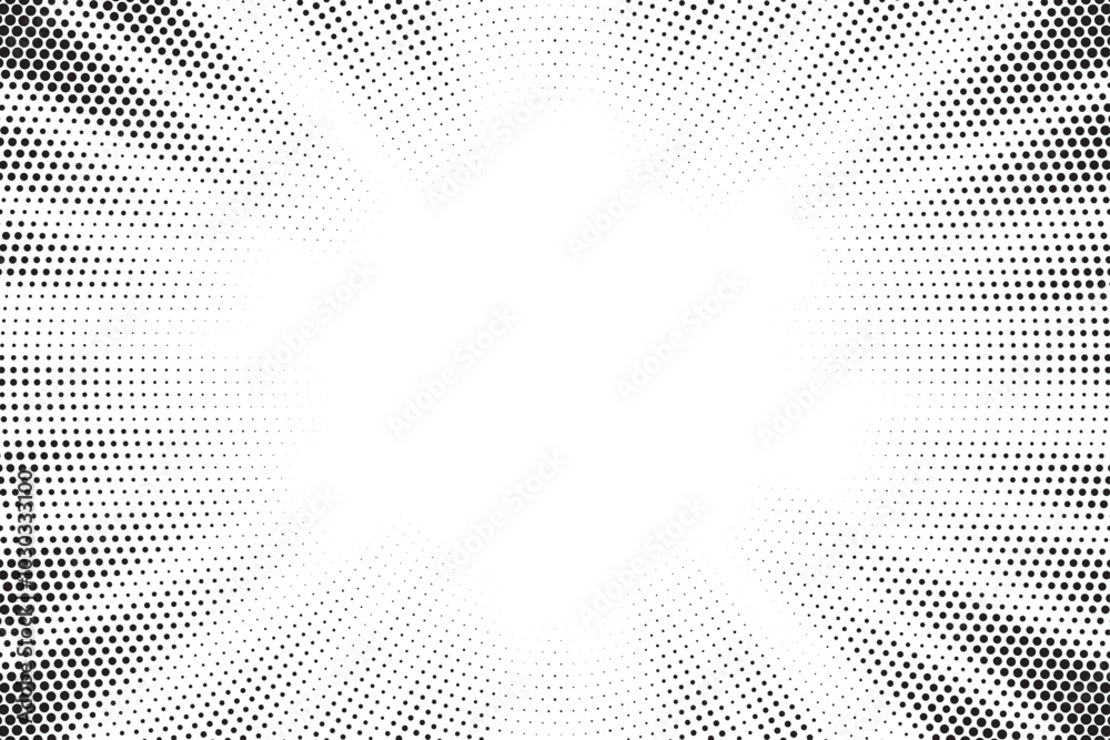 Poster Halftone sun rays pattern. Abstract halftone vector dots overlay background. Monochrome dots pattern. Vector background in comic book style with sunburst rays and halftone. Retro pop art design.	