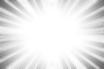 Halftone sun rays pattern. Abstract halftone vector dots overlay background. Monochrome dots pattern. Vector background in comic book style with sunburst rays and halftone. Retro pop art design.	