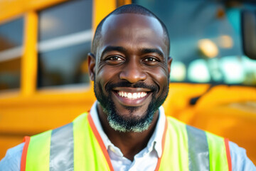 Close-up environmental portrait of a friendly school bus driver standing in front of a yellow school bus outdoors.