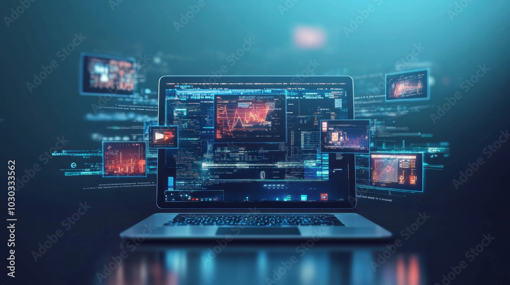 Wall mural virtual networking concept: a laptop displaying screens showing content creation and media streaming