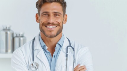 Fototapeta premium Close-up portrait of cheerful lauging young male doctor with stethoscope around neck