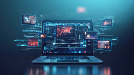 Virtual networking concept: A laptop displaying screens showing content creation and media streaming, symbolizing the digital interconnectedness of online platforms and the flow of media in a virtual 