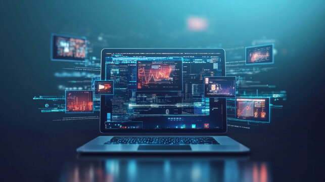 Virtual networking concept: A laptop displaying screens showing content creation and media streaming, symbolizing the digital interconnectedness of online platforms and the flow of media in a virtual 