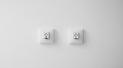 A contemporary image of two white electrical outlets aligned perfectly on a white wall, conveying a sense of order and modernity, ideal for interior design projects.