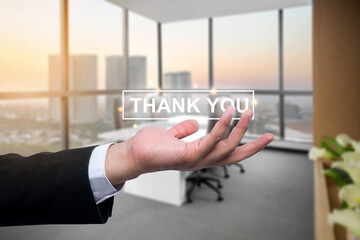 Business hand showing word a thank you. Concept of gratitude and appreciation