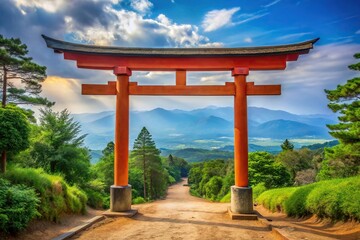 Japanese style landscape featuring a mage standing in front of an ancient torii gate
