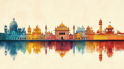 Amritsar, India, classic traditional wood block print effect. Woodblock printing. Graphic designed, illustration for travel poster, card, wallpaper, backdrop or banner. Modern, trendy