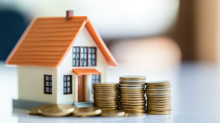 A detailed close-up of a miniature house model next to a stack of coins on a clean white table, illustrating the concept of property investment and financial planning.