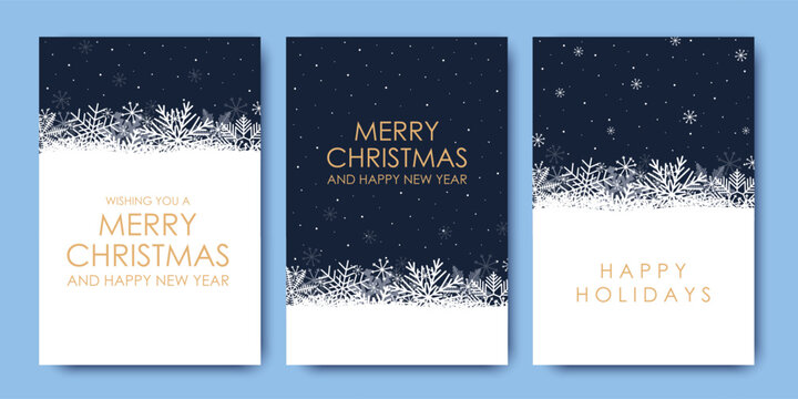 Set of Merry Christmas and Happy New Year cards with snowflakes, cards and invitations to corporate events. Snowflakes on a blue background. Winter vector illustration