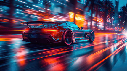 A high-performance sports car speeding through a neon-lit city street at night. A scene of speed, adrenaline, and futuristic automotive design