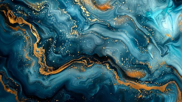 A swirling, abstract design in blue and gold, featuring intricate patterns and a glittering finish