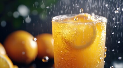 A glass of vibrant orange juice with raindrops trickling down the sides, blending the essence of a rainy day with a zesty drink.