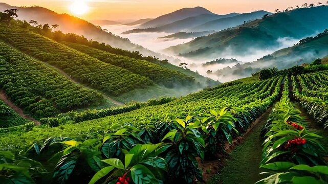Sunrise Over Lush Mountain Tea Plantation