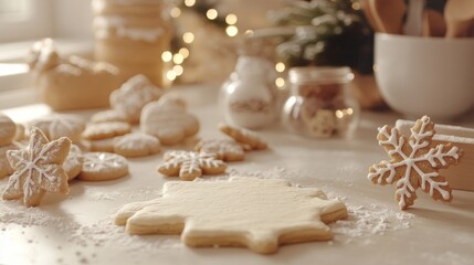 Charming kitchen scene  preparing festive christmas cookies with soft dough and holiday decor
