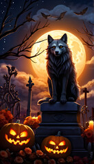 Wild Wolf and Jack O Lantern Pumpkins in Graveyard Midnight Furry Animal Halloween Beast Horror Supernatural Wildlife Illustration