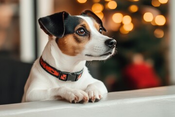 Jack Russell terrier sitting on a windowsill surrounded by soft Christmas lights capturing curiosity and playfulness in a cozy holiday setting