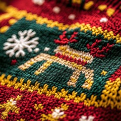 Close-up of a vibrant Christmas jumper with intricate snowflake and reindeer patterns, soft wool textures