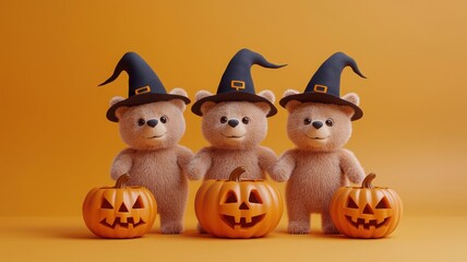 Three teddy bears in witch hats with jack-o'-lanterns on a vibrant orange background.