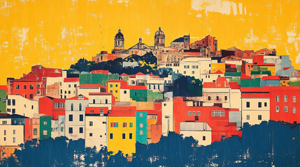 Obraz premium Antananarivo, classic traditional wood block print effect. Woodblock printing. Graphic designed, illustration for travel poster, card, wallpaper, backdrop or banner. Modern, trendy