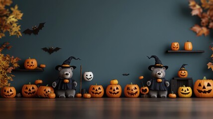 Fototapeta premium Halloween scene with teddy bears, pumpkins, and autumn leaves on a dark wall.